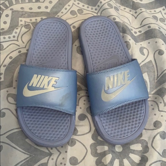 light blue nike slides